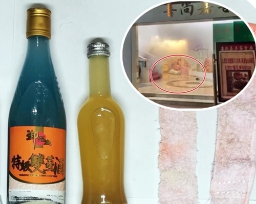 警方檢獲的證物。(小圖為酒家近樓梯位置遺下懷疑催淚彈殼,地氈熏黑。網上影片截圖。)