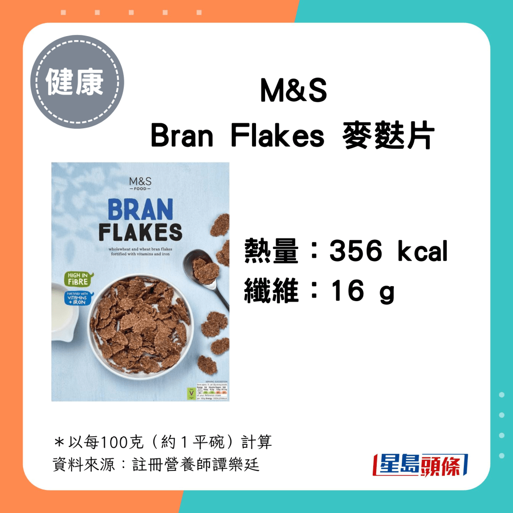 M&S Bran Flakes 麦麸片：356 kcal、16g 纤维