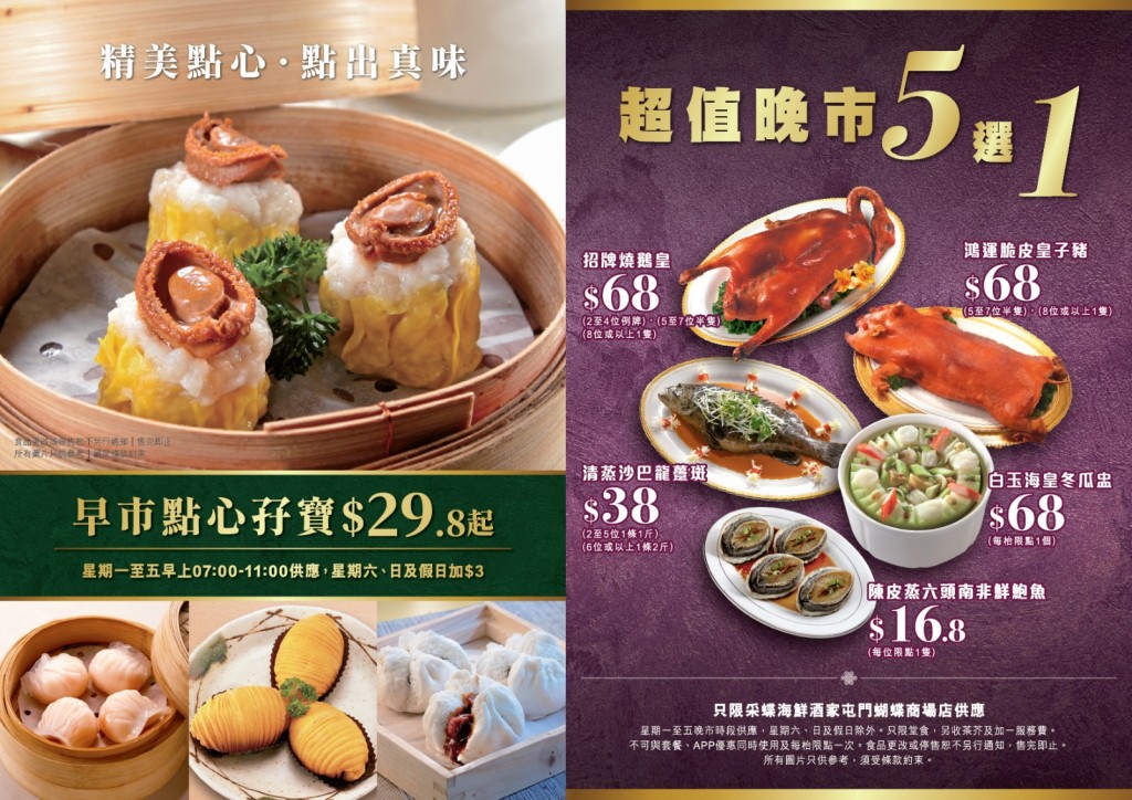 海港「采蝶海鲜酒家」屯门开张！新店限定$29.8点心孖宝 晚市烧鹅、乳猪$68