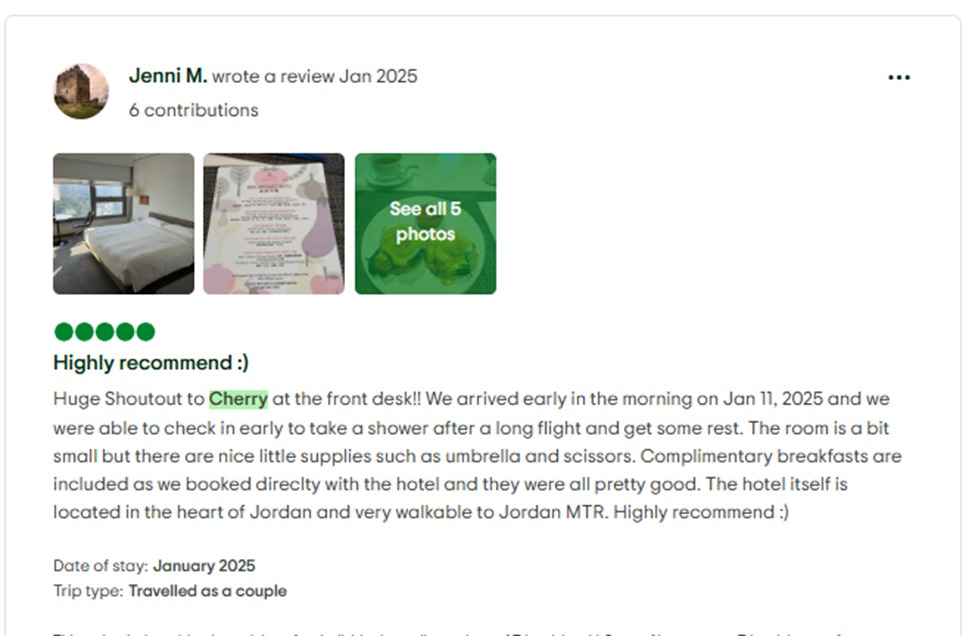在線上旅行社網站,訪港旅客留言讚賞Cherry的體貼和專業。 在線上旅行社網站,訪港旅客留言讚賞Cherry的體貼和專業。