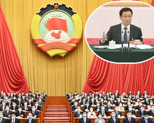 據有份出席的政協委員引述，韓正（小圖）在會上解説港區國安法草案。新華社資料圖片