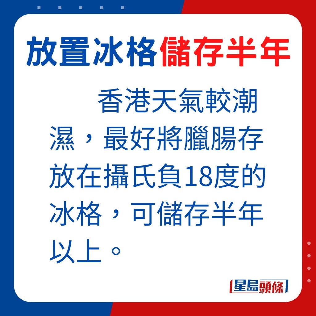 香港天氣較潮濕，最好將臘腸存放在攝氏負18度的冰格，可儲存半年以上。