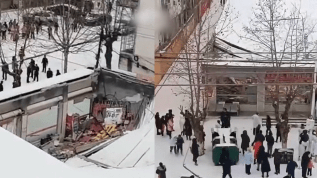 湖北一間超市被積雪壓垮屋頂,砸死一名女收銀員。
