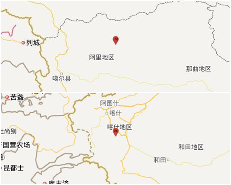 西藏(上)和新疆(下)先后4.1级和3级极浅层地震。网图