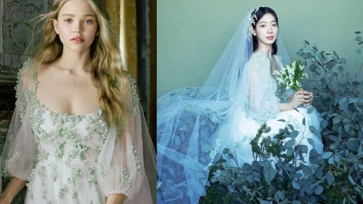 她的另一輯婚照則選穿婚紗名牌Monique Lhuillier的作品,造型夢幻迷人。(圖片來自IG及Monique Lhuillier官網)