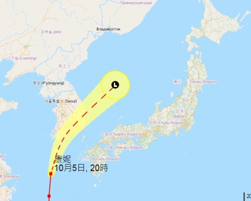 按照預測路徑，「康妮」今天將影響南韓天氣。