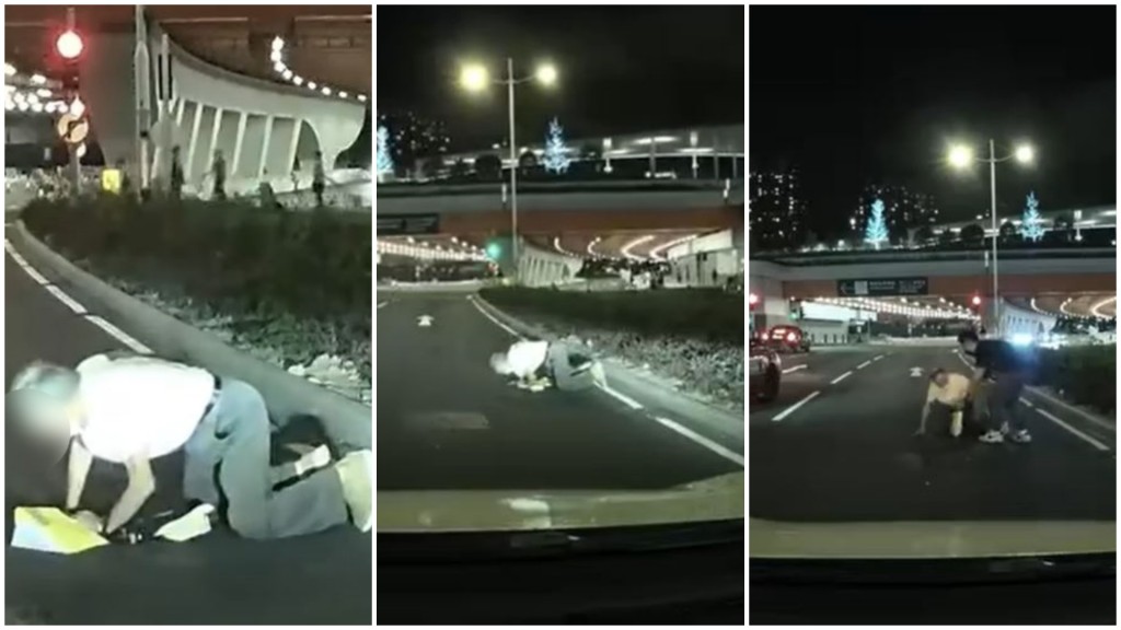 老翁草叢爬出行車線，好心司機停車扶過路。轉載fb車cam L（香港群組）