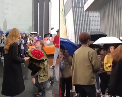 富二代開林寶堅尼單膝下跪求婚,金髮女友拒絕後,富二代苦苦糾纏,金髮女回一句有錢了不起,掉頭就走。(網圖)