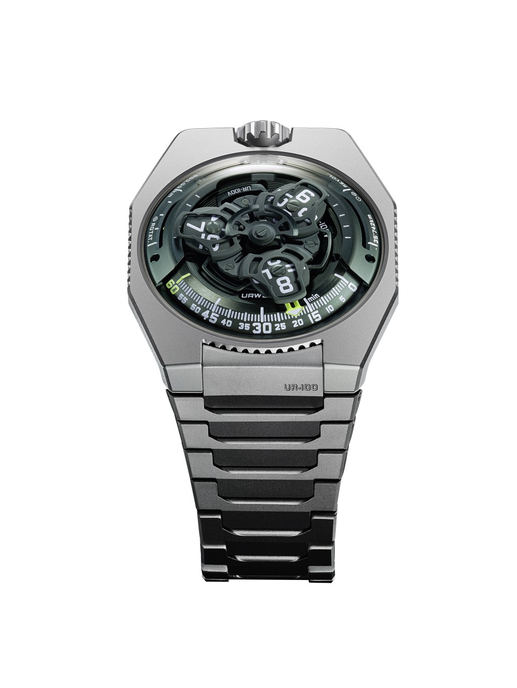 Urwerk UR-100V Magic T 'Hunter Green'，錶殼：41mm鈦金屬/ 機芯：UR 12.02自動/ 售價：58,000瑞郎。