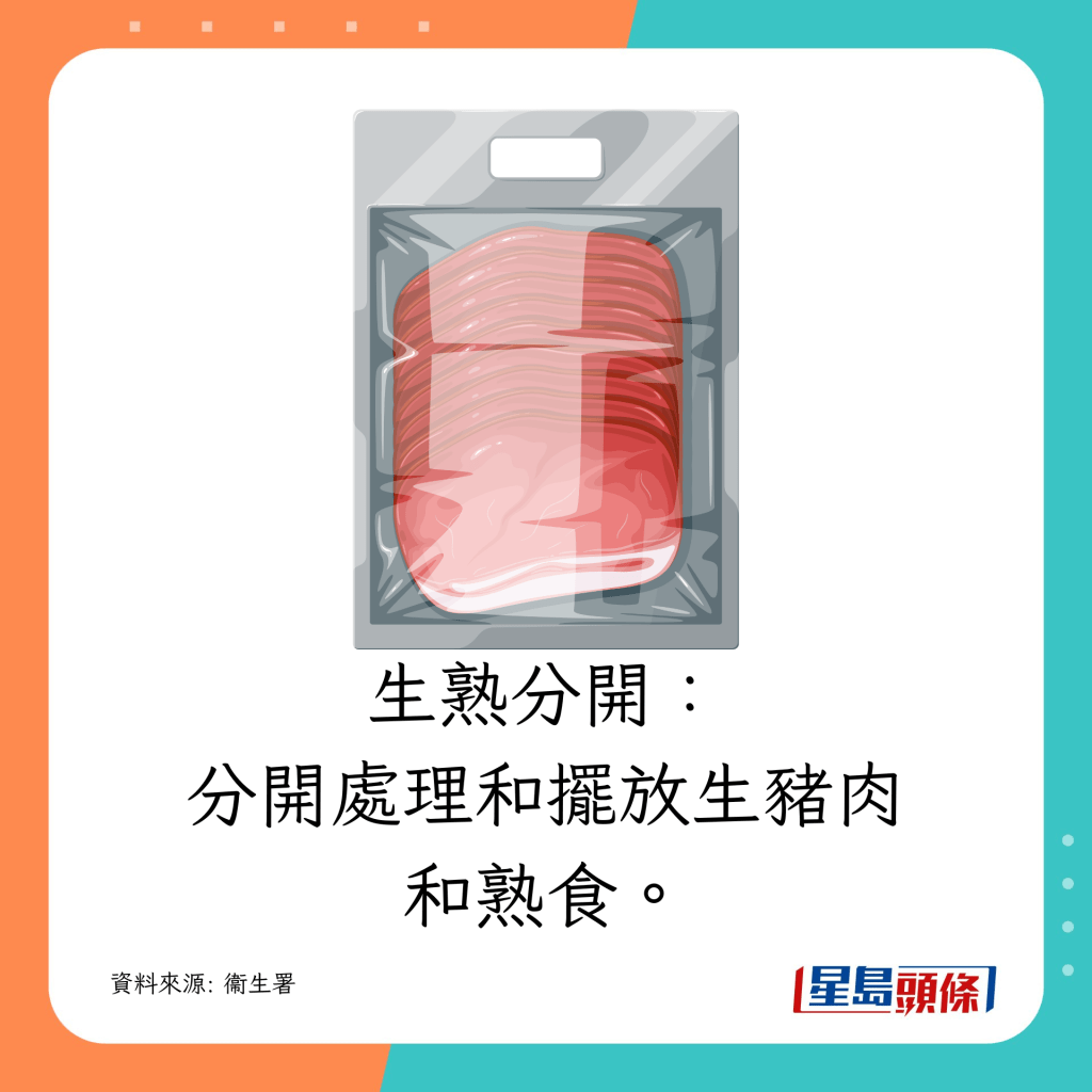分開處理和擺放生豬肉和熟食。