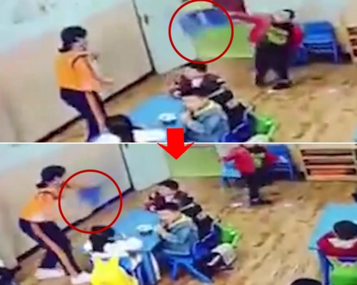 幼兒園小孩被教訓兩句後怒掟櫈子,幸老師一把接住。(網圖)