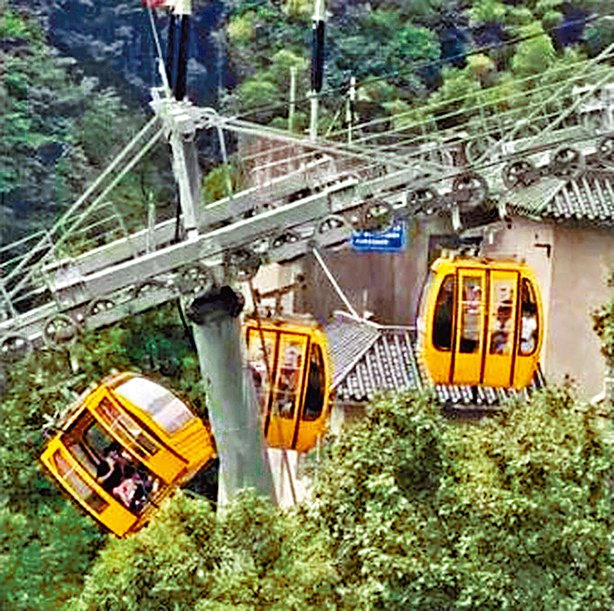 一辆缆车疑被大风吹翻倾斜。