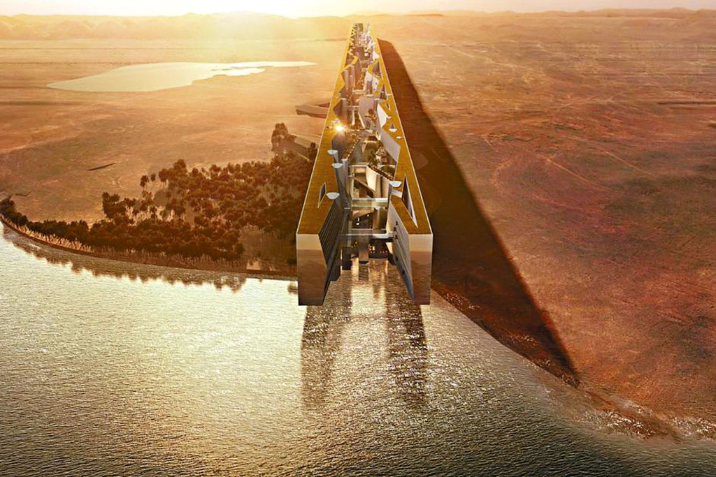 沙特「鏡綫」項目規劃圖，顯示兩座巨型建築物平行延伸。