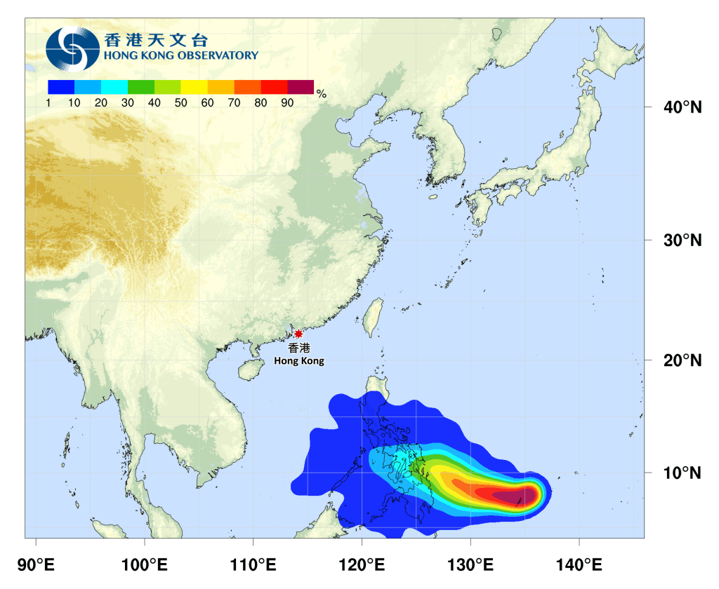 風暴榕樹的熱帶氣旋路徑概率預報。天文台