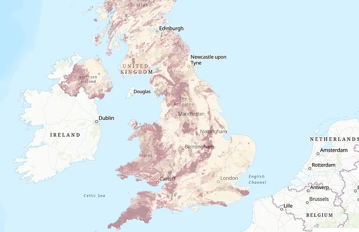 英國氡氣分佈地圖