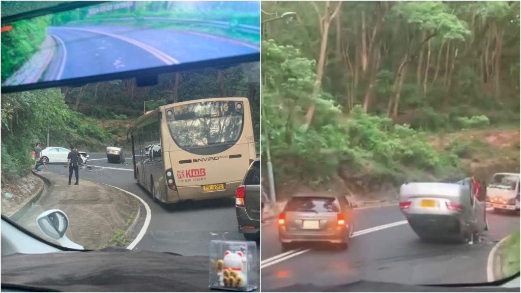 荃錦公路三車相撞 私家車四輪朝天 