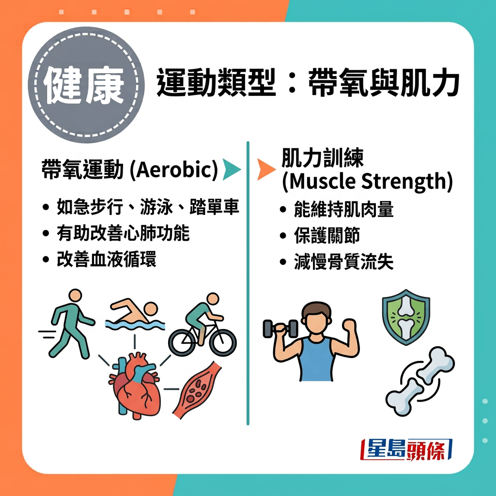 理想的運動模式不應只集中於單一項目，而應包括心肺、肌力、柔軟度及平衡能力等不同元素。
