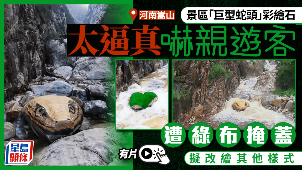 「巨型蛇頭」彩繪石太逼真遊客嚇親  景區擬改繪其他樣式｜有片