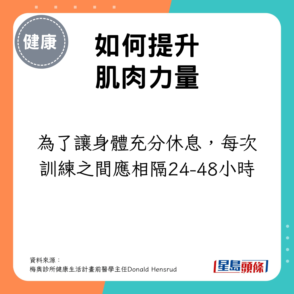 為了讓身體充分休息，每次訓練之間應相隔24-48小時