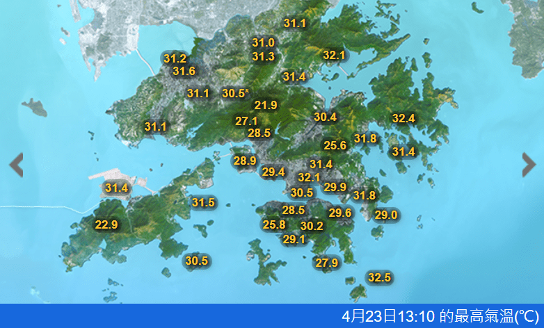 截至今日(23日)下午1時10分,天文台錄得最高氣溫30.5℃。天文台圖擷圖 截至今日(23日)下午1時10分,天文台錄得最高氣溫30.5℃。天文台圖擷圖