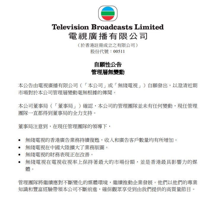 电视广播（TVB，511）13日发公告澄清，重申管理层无变动，又指公司财务表现正在改善。