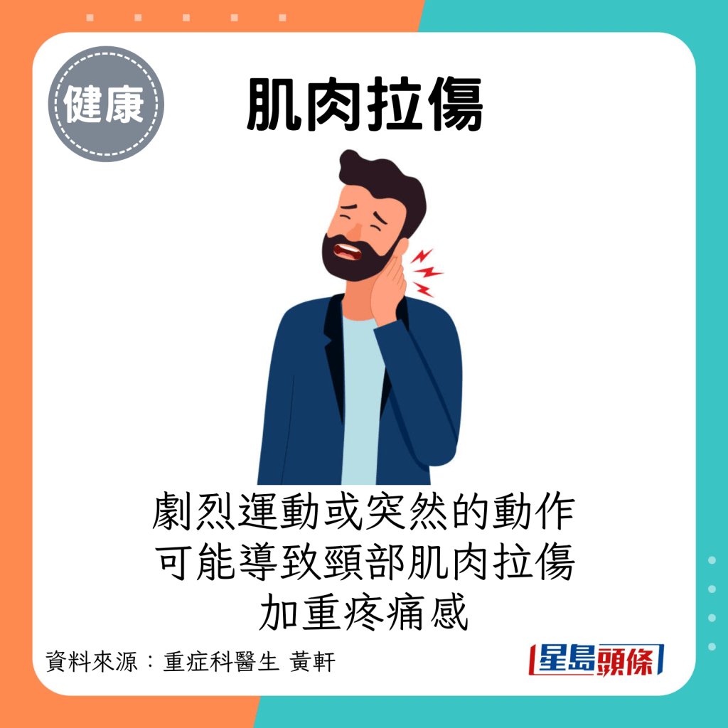 肌肉拉傷：劇烈運動或突然的動作可能導致頸部肌肉拉傷，加重疼痛感