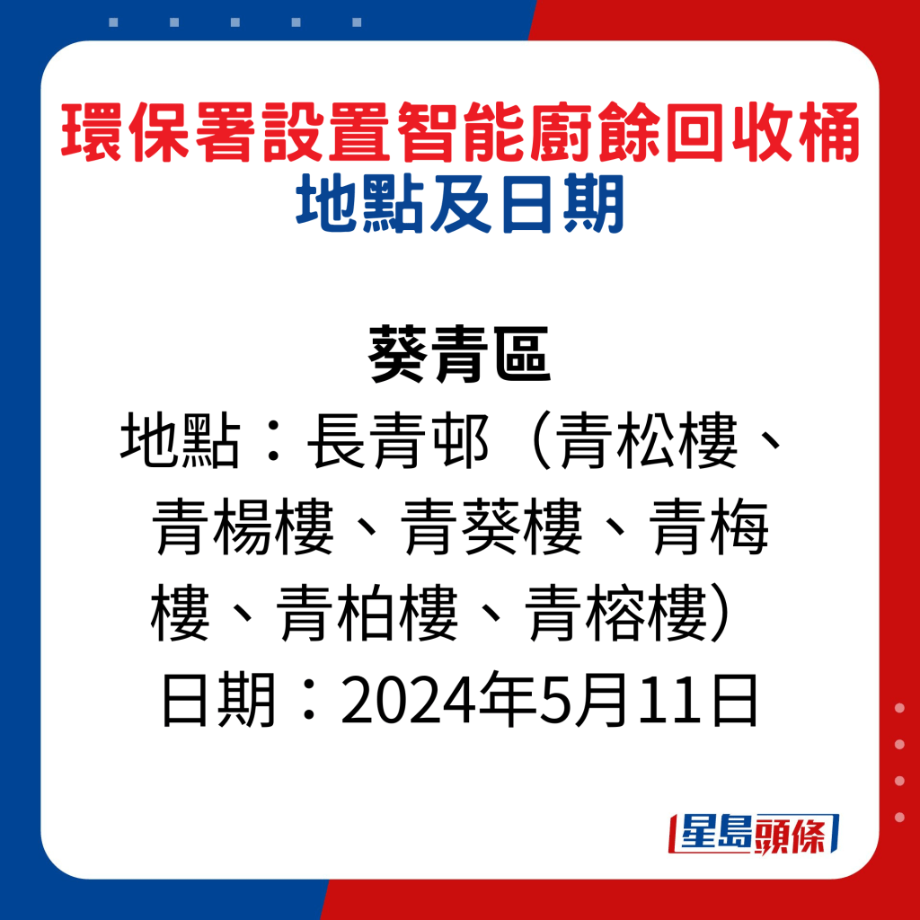 葵青區：長青邨（青松樓、青楊樓、青葵樓、青梅樓、青柏樓、青榕樓）；日期：2024年5月11日