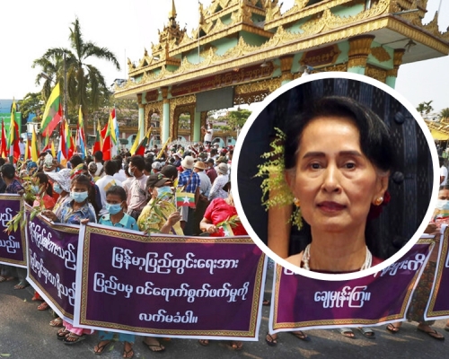 昂山素姬（小圖）發聲明批評軍方將緬甸重新變回獨裁統治。AP圖片