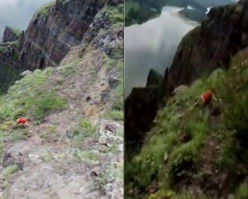 俄女爬陡峭岩壁拍照，友人眼前失足滑落悬崖。(网图)