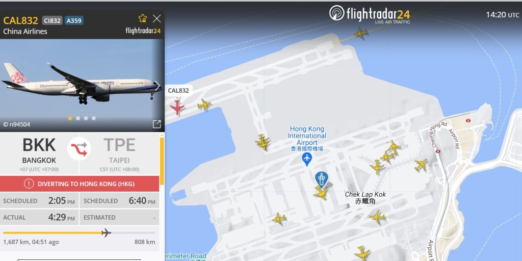 華航曼谷飛台北客機轉降香港。Flightradar24