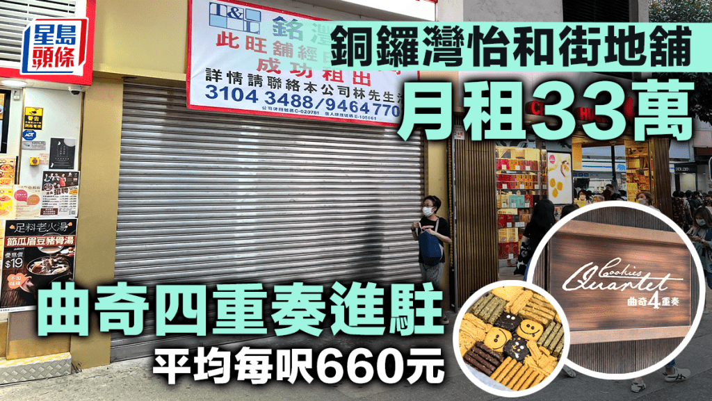 銅鑼灣怡和街地舖月租33萬 曲奇四重奏進駐 平均每呎660元