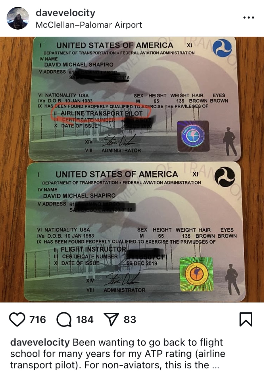 夏皮羅(Dave Shapiro)還擁有民航機師資格。 Instagram / davevelocity 夏皮羅(Dave Shapiro)還擁有民航機師資格。 Instagram / davevelocity