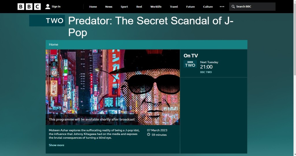 BBC昨日公开1小时的「猎食者：J-Pop的秘密丑闻」专题报道。