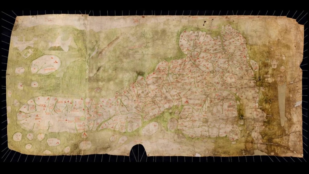 大不列颠岛的戈夫地图，左边是苏格兰，右边是英格兰和威尔士（图片来源：Archiox/Bodleian Library）