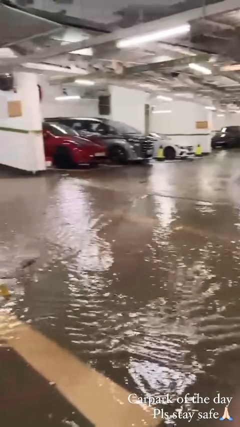 张宝儿分享停车场的水浸情况之馀，亦希望大家注意安全。