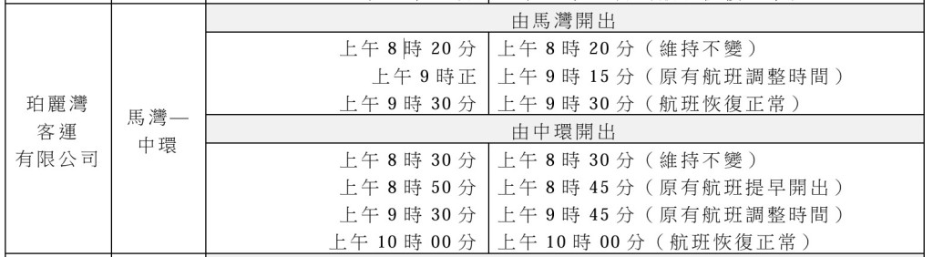 珀麗灣客運有限公司航班調整詳情。