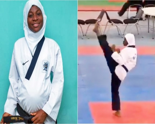 尼日利亞孕婦挺肚起飛腳、揮拳，成功奪得跆拳道冠軍。網圖