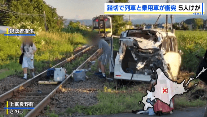 一輛載有5名中國籍遊客的私家車,昨日在JR富良野線平交道上,與列車發生相撞。HBC NEWS片段截圖 一輛載有5名中國籍遊客的私家車,昨日在JR富良野線平交道上,與列車發生相撞。HBC NEWS片段截圖