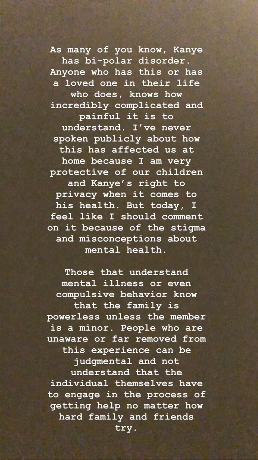 Kim在IG Story開腔承認Kanye患上躁鬱症。