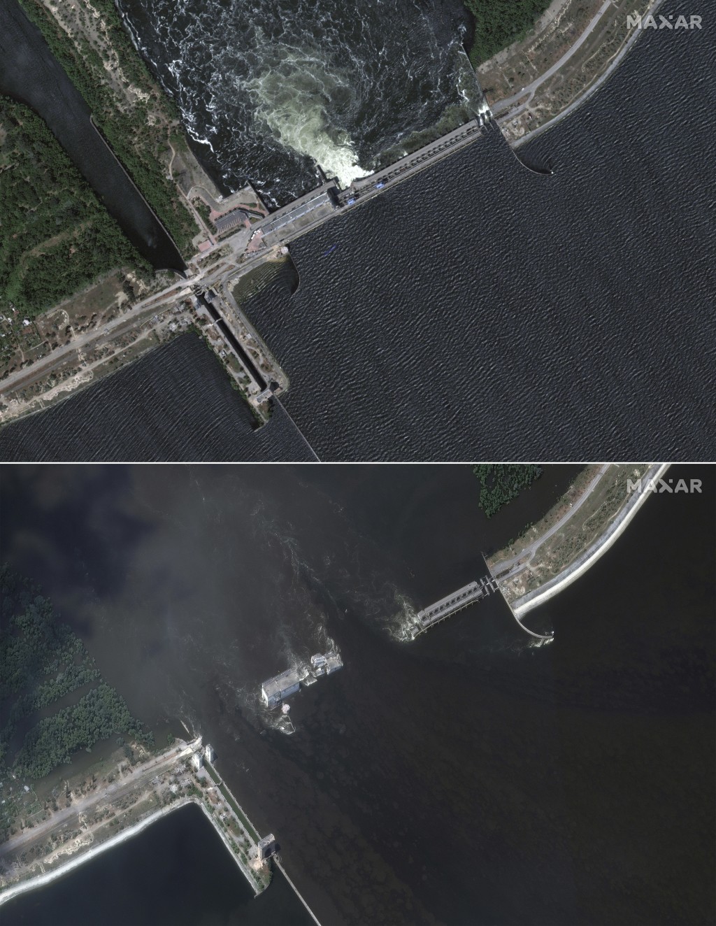 衛星圖片顯示，卡科夫卡大壩從中間斷裂。AP/Maxar