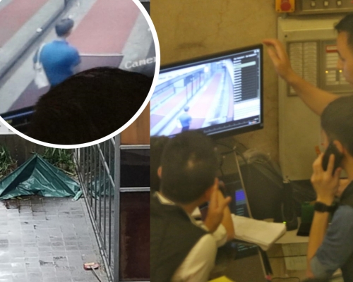 男死者進入大廈時,穿着藍色上衫、深色長褲和揹着一個白色袋。楊偉亨攝