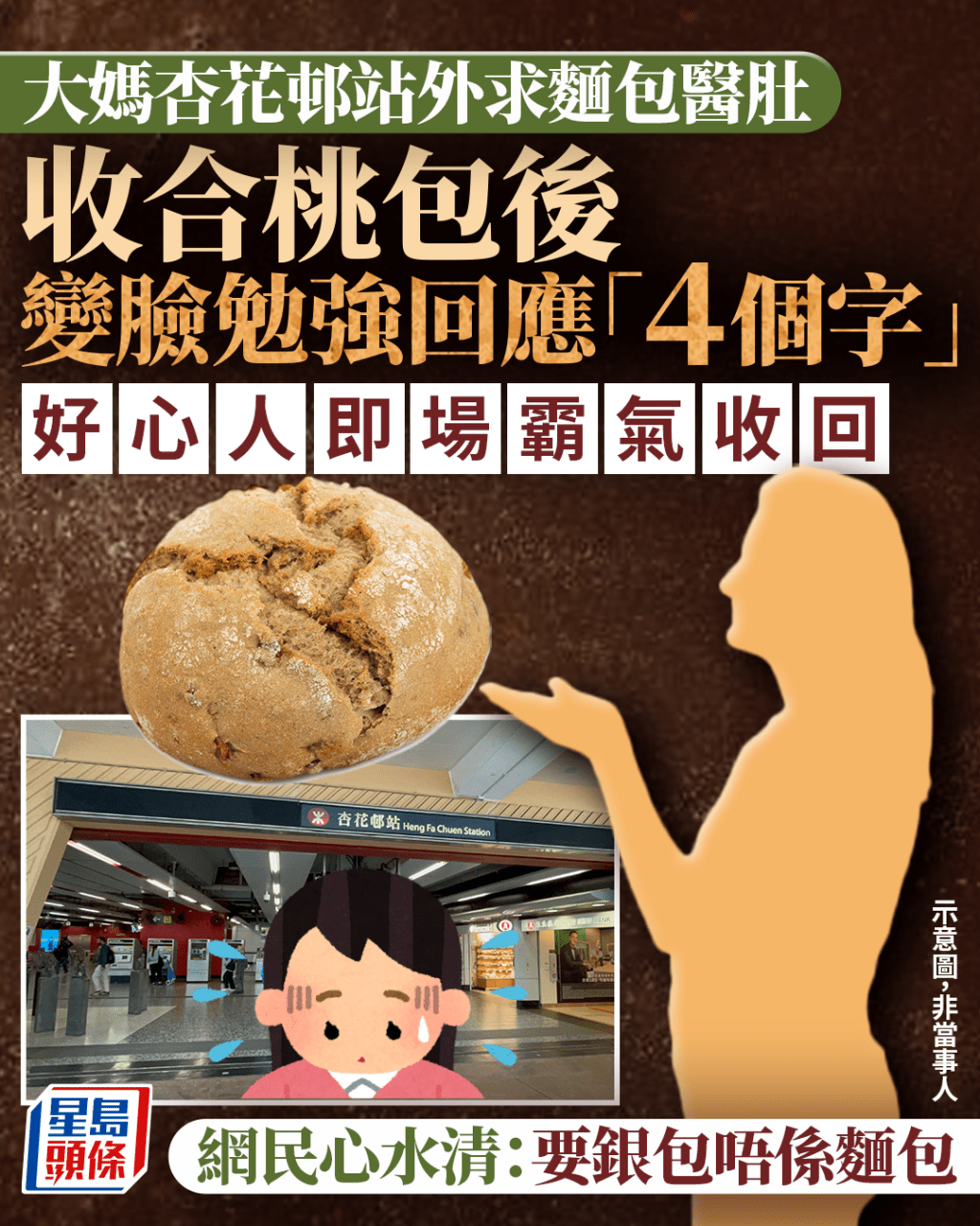 大媽杏花邨站外求麵包醫肚 收合桃包後變臉勉強回應「4個字」 好心人即場霸氣收回 網民：要銀包唔係麵包｜Juicy叮