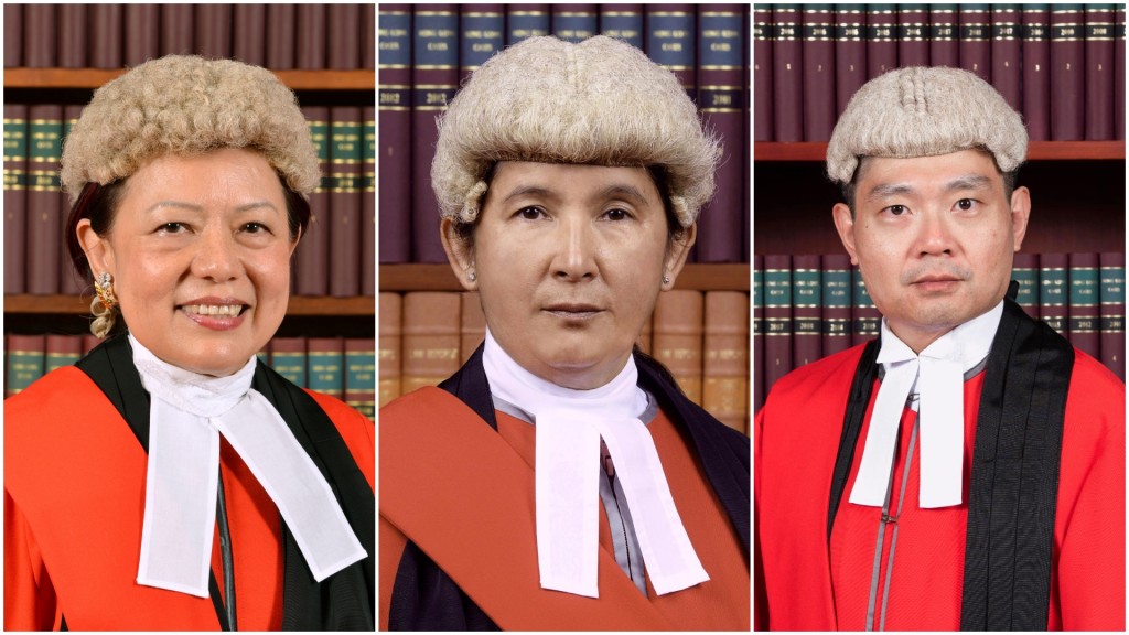 主审法官包括《香港国安法》指定法官杜丽冰、李素兰及李运腾（由左至右）。资料图片