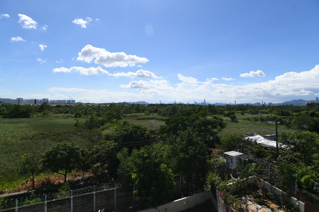 單位外望一大片草地及眺望深圳景，視野開闊。