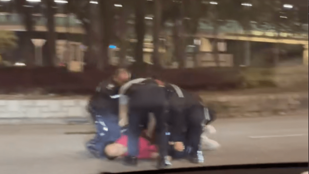 粉嶺軍地男子路中揮舞鐵板 警員合力撳地制服。網上片段截圖