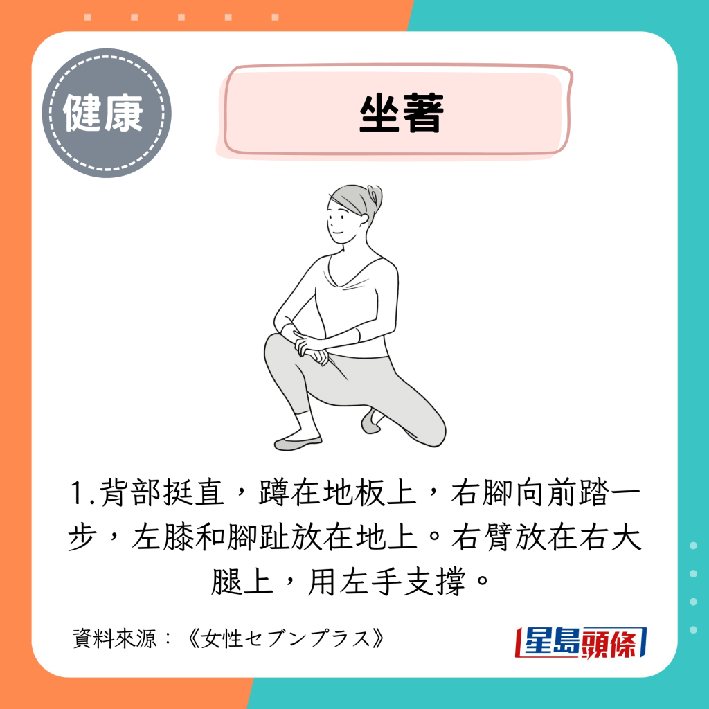 坐著:背部挺直,蹲在地板上,右腳向前踏一步,左膝和腳趾放在地上。右臂放在右大腿上,用左手支撐。 坐著:背部挺直,蹲在地板上,右腳向前踏一步,左膝和腳趾放在地上。右臂放在右大腿上,用左手支撐。