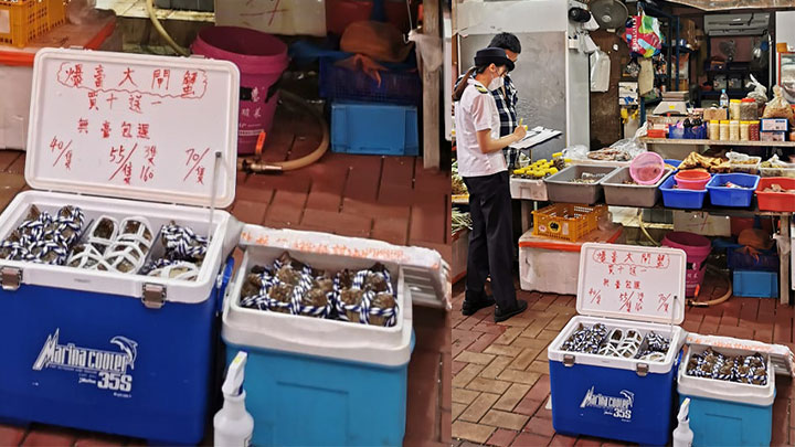 食環署於荃灣採取突擊行動,巡查二陂坊一帶的雜貨店,打擊非法銷售大閘蟹。