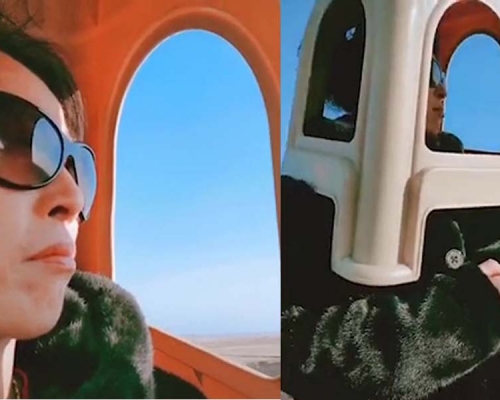 膠櫈笠頭扮搭飛機出國旅遊，不少人看後均拍案叫絕。(網圖)