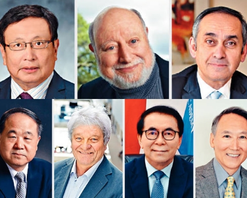 左上起：張益唐、李．舒爾曼、德納姆達茲；左下：莫言、保羅．麥克西姆．納斯、白春禮以及胡正明。