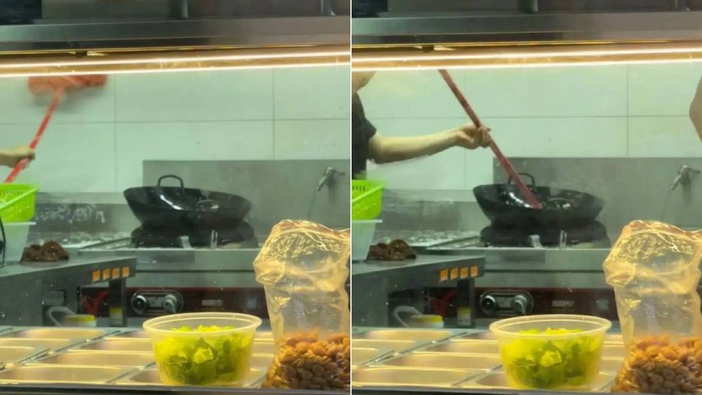  廣州網紅粥店「祿粥」員工用掃把洗鑊刷牆被停業。瀟湘晨報